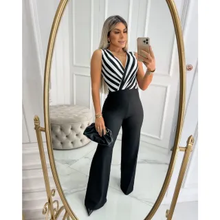 Decote Transpassado Macacão Canelado Pantalona - PRETO/BRANCO LISTRA FINA