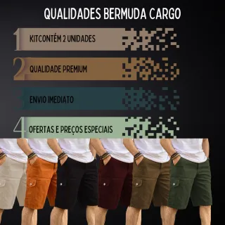 Bermudas Cargo Militar Kit 2 - Sarja Brim, 6 Bolsos - Kit com 2 Preto/Verde