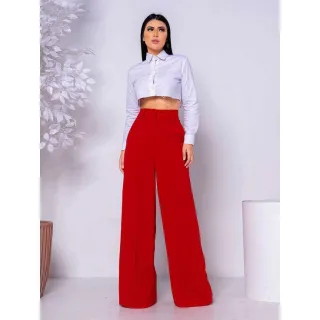 Calça Pantalona cintura alta estilo alfaiataria com detalhe elástico nas costas - Várias Cores - Bege Escuro