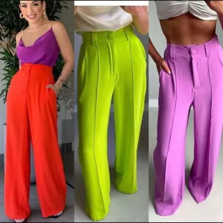 Calça Pantalona cintura alta estilo alfaiataria com detalhe elástico nas costas - Várias Cores - Bege Escuro