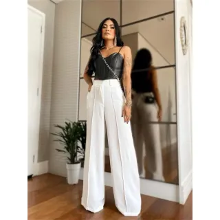 Calça Pantalona cintura alta estilo alfaiataria com detalhe elástico nas costas - Várias Cores - Bege Escuro