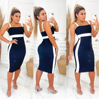Moda Gringa - Vestido Estiloso Alça Larga com Faixa Lateral - TELHA /PEROLA