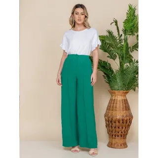 Calça Pantalona cintura alta estilo alfaiataria com detalhe elástico nas costas - Várias Cores - Bege Escuro