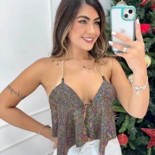 Cropped Frente Única Lurex e Paetê com Corrente Feminino - Rosa Paetê Quadrado Rosa