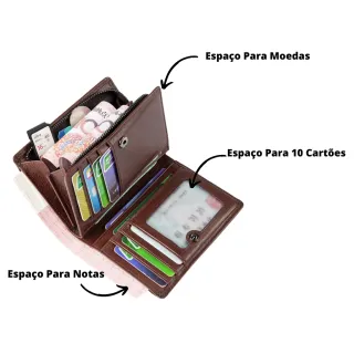 Detalhe em Metal Carteira Masculina Couro PU Trabalhada - Marrom