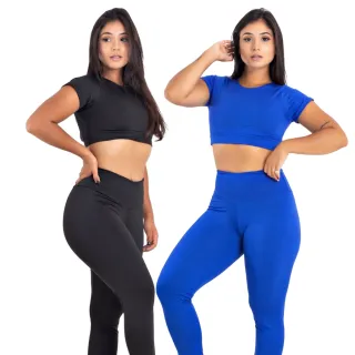 Conjunto Academia Calça Legging Cintura Alta + Top Cropped - Kit 2 | Raryel - Preto/Bic