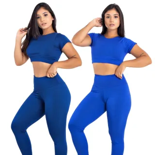 Conjunto Academia Calça Legging Cintura Alta + Top Cropped - Kit 2 | Raryel - Preto/Bic