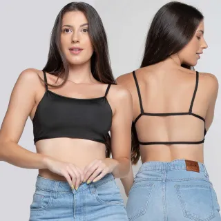 Modas Dyeu - Top Cropped Sexy Costa Nua Gringa Casual Alça Fina - PRETO COM BRANCO