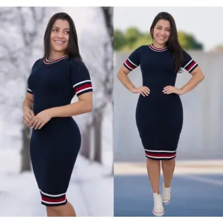 Variedade de Vestidos Tricot Modal / Manga Curta / Gola V e Redonda / Listrado Trico - Marinho Vest Liso