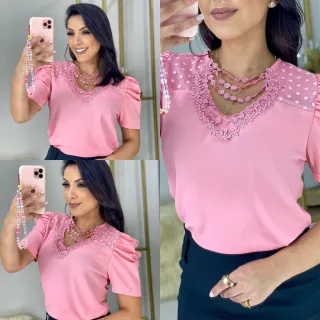 Moda feminina: Blusa social manga curta com detalhes bufantes no pescoço - Bordô