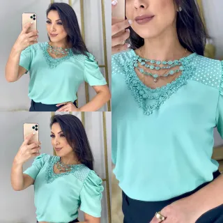 Moda feminina: Blusa social manga curta com detalhes bufantes no pescoço - Bordô