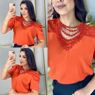 Moda feminina: Blusa social manga curta com detalhes bufantes no pescoço - Bordô
