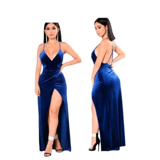 Fenda e alça em vestido longo feminino de festa - Azul Marinho