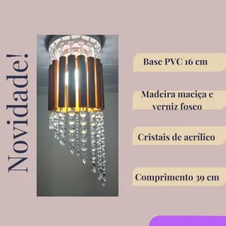 Cristais e Madeira Lustre Luminária Plafon Alto Brilho Sala Quarto - Único