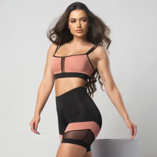 Top com detalhe em Tule e Conjunto Short Fitness de Academia com Tule - PRETO.TAME