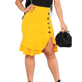 Botões Laterais Babado Duplo Saia Malha Crepe Premium - Marsala