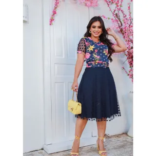 Moda evangélica: Conjunto saia, blusa e cinto - Preto floral