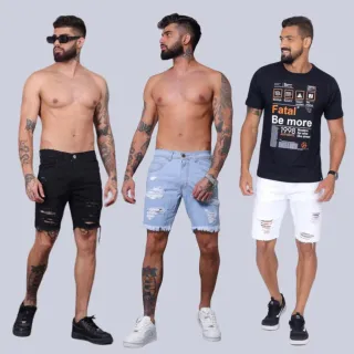 Env/24h Kit Premium: 3 Bermudas Jeans Masculinas Rasgadas e Desfiadas - PRETA/BRANCA/ESCURA