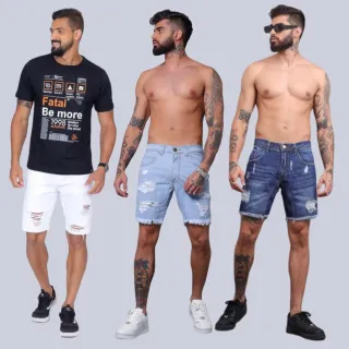 Env/24h Kit Premium: 3 Bermudas Jeans Masculinas Rasgadas e Desfiadas - PRETA/BRANCA/ESCURA
