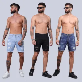 Env/24h Kit Premium: 3 Bermudas Jeans Masculinas Rasgadas e Desfiadas - PRETA/BRANCA/ESCURA