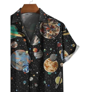 Camisa preta de botão estampa universo planetas moda verão - GG
