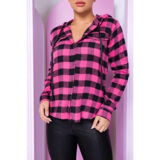 Flanela Xadrez Manga Longa Feminina com Capuz - Camisa Xadrez - Rosa