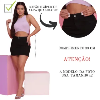 Saia Jeans Feminina Cintura Alta Preta Desfiada - Levanta Bumbum - 40