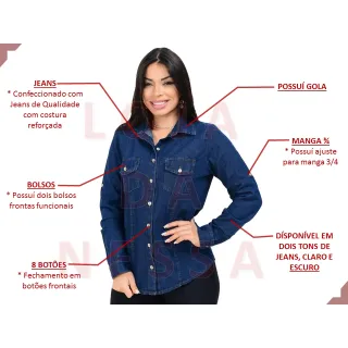 Blusa Social Manga Longa Jeans Premium Feminina - P M G GG - Camisa Jeans Clara 125