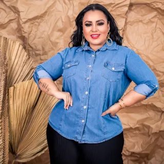 Blusa Social Manga Longa Jeans Premium Feminina - P M G GG - Camisa Jeans Clara 125