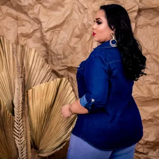 Blusa Social Manga Longa Jeans Premium Feminina - P M G GG - Camisa Jeans Clara 125