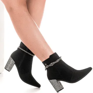 Tira Strass Bota Feminina Salto Alto Brilho Glíter Glam Bico Fino - Preto