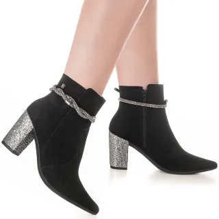 Tira Strass Bota Feminina Salto Alto Brilho Glíter Glam Bico Fino - Preto