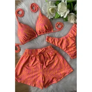 Conjunto biquini asa delta feminino, moda praia verao - Kit com 3 peças - Conchas