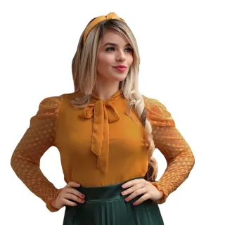 Blusa Social Feminina Manga Longa Evangelica Linda Tule Crepe - Preto