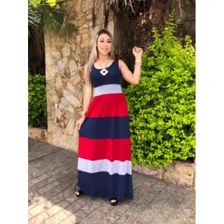 Faixas Regata Longo Náutico Vestido com - Vermelho c Azul Marinho