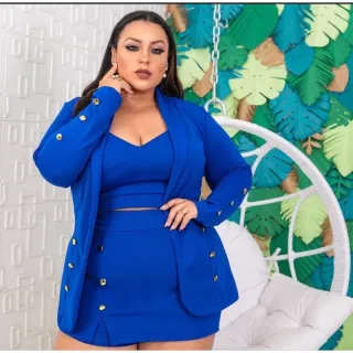 Conjunto Plus Size Blazer, Cropped, Saia e Shorts Feminino - Três Peças - Amarelo