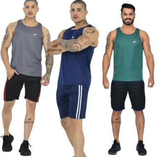 Kit Fitness Masculino: 3 Camisetas Regata Dry Fit Long Premium - 1 Marinho - 1 Verde - 1 Royal
