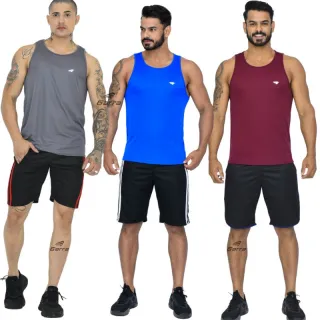 Kit Fitness Masculino: 3 Camisetas Regata Dry Fit Long Premium - 1 Marinho - 1 Verde - 1 Royal