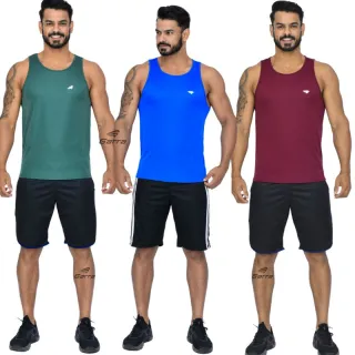 Kit Fitness Masculino: 3 Camisetas Regata Dry Fit Long Premium - 1 Marinho - 1 Verde - 1 Royal