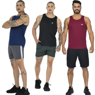 Kit Fitness Masculino: 3 Camisetas Regata Dry Fit Long Premium - 1 Marinho - 1 Verde - 1 Royal