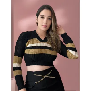 Cropped Tricolor Trico Manga Longa Blogueira Feminina - PRETO VERDE LARANJA 2