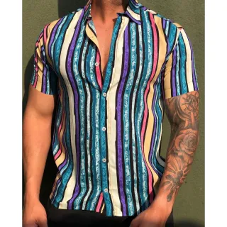 Camisa listrada azul de viscose masculina com botões
