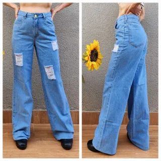 Calça Feminina Wide Leg Cintura Alta em Jeans Premium - CLARA RASGADA