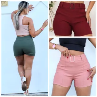 Moda Verão Kit 3 Short Feminino Bengaline Cintura Alta Sem Bolso - Cores Surtida