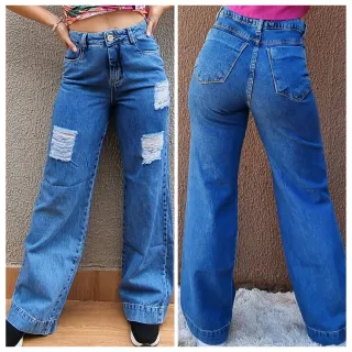 Calça Feminina Wide Leg Cintura Alta em Jeans Premium - CLARA RASGADA