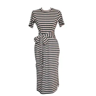 Cinto animal print listrado liso - Vestido mídi com fenda lateral - Listra Azul