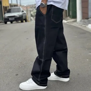 Calça jeans estilo skatista larga reta baggy Balão - Azul Escuro