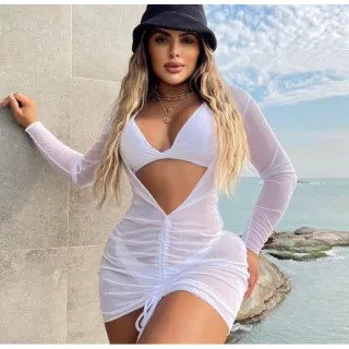 Vestido transparente manga longa, drapeado praia - Preto