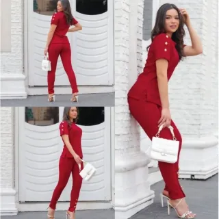 Jacquard Super Elegante Conjunto Feminino de Calça e Blusa - Rosa Pink