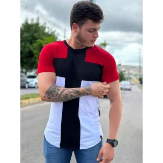 Camiseta Longline masculina em algodão fio 30.1 Penteado - Listrada Oversized - Branco com preto